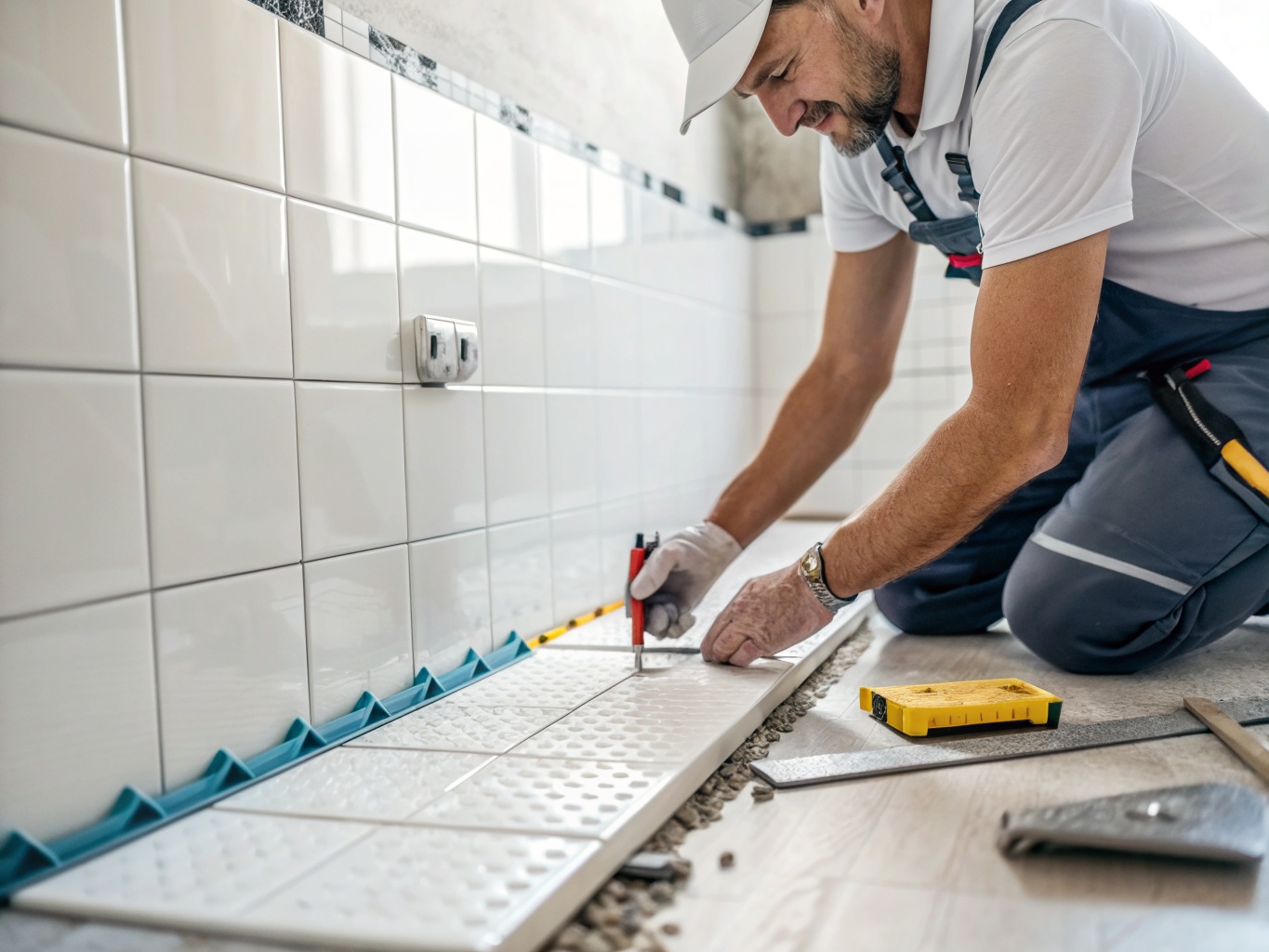 Trabajador instalando azulejos eficientemente